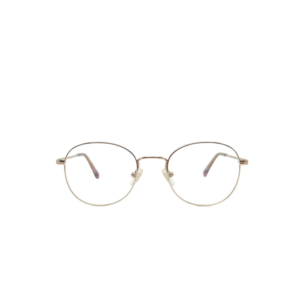 Armação de óculos redonda dourada com lentes transparentes, estilo clássico e minimalista