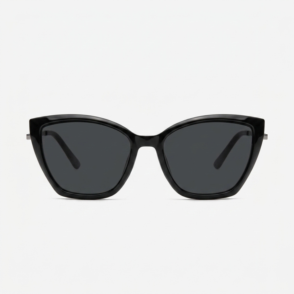 Óculos de sol feminino estilo gatinho preto com lentes escuras, design moderno e armação acetinada.