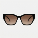 Óculos de sol feminino com armação preta e lentes marrom gradiente, estilo gatinho moderno